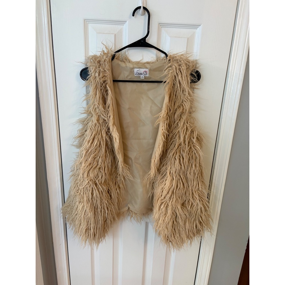 Emma G Faux Fur Vest Womens Large Tan Shaggy Y2K Open Front Layering Boho